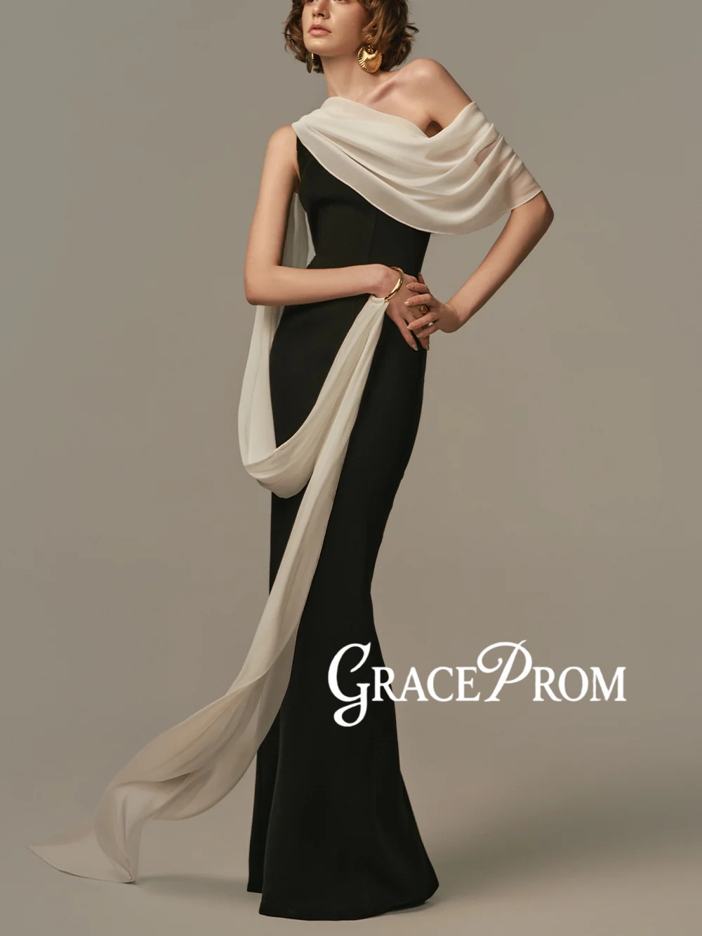 Formal Gala Wear Women - Gaun Malam Dua Warna Elegan Sederhana