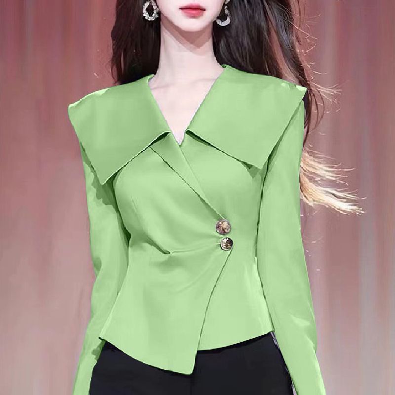 Women'S Formal Wear Suits - Blus Lengan Panjang Warna Polos Kancing