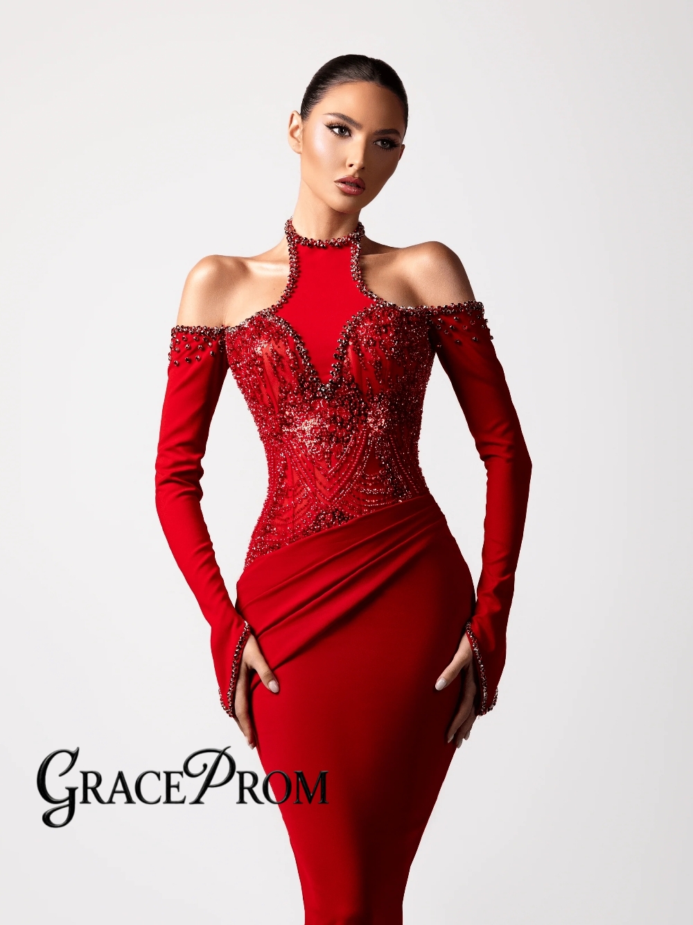 Formal Gala Wear Women - Gaun Malam Halter Seksi Merah Gaun