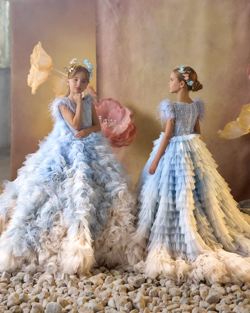 Women'S Formal Wear For Girls - Gaun Gadis Bunga Biru Langit Kustom