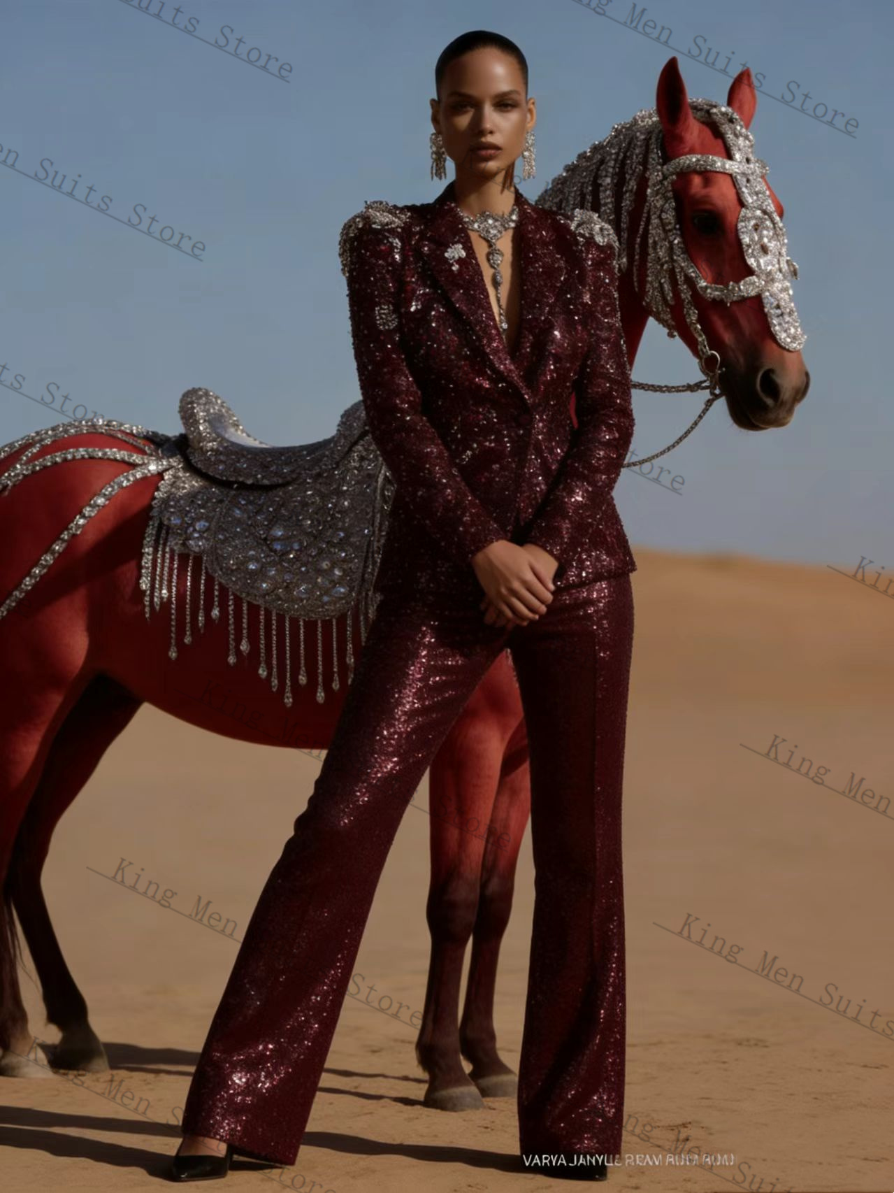 Women'S Formal Wear For Wedding Guest - Setelan Wanita Berkilau Burgundy 2 Potong