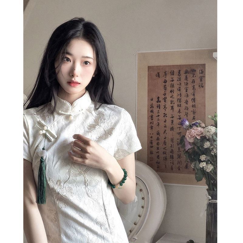 Young Women'S Formal Wear - Gaun Qipao Putih Tren Retro Musim